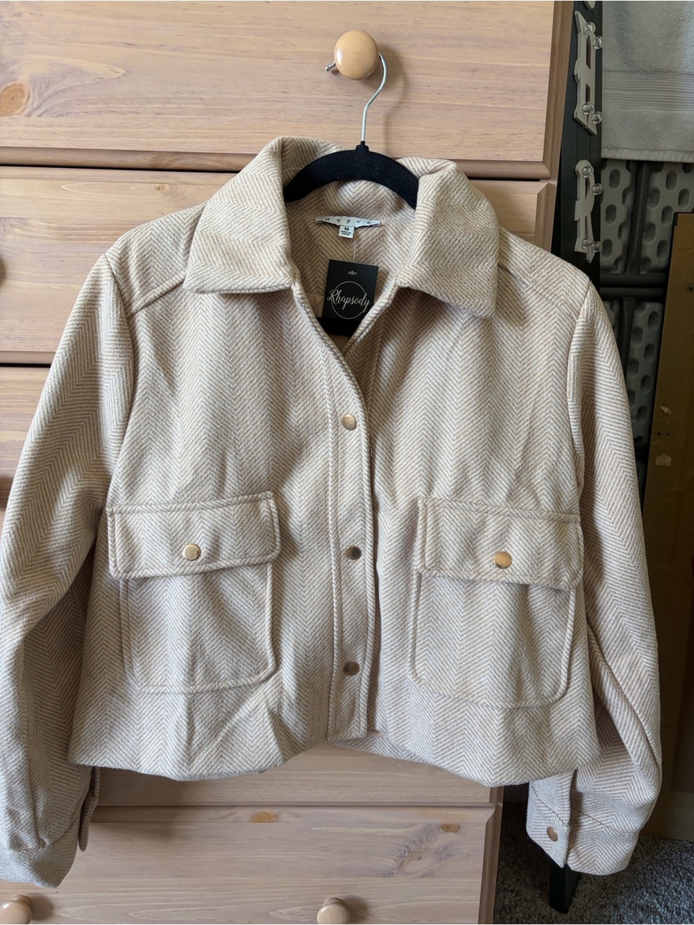 Rhapsody Cream Herringbone Utility Jacket with Gold Snaps. NWT